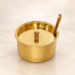 Handcrafted Hammered Brass Ghee Pot with Lid & Spoon