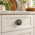 Ivory & Teal Floral Ceramic Cabinet Knob with Gold-Tone Base