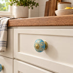 Sky Blue Floral Ceramic Cabinet Knob with Gold Accents