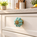 Turquoise Ceramic Flower Cabinet Knob with Gold Accents