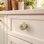 Ivory & Green Floral Ceramic Cabinet Knob with Brass Base
