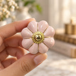 Blush Pink Ceramic Flower Cabinet Knob with Gold Brass Base