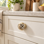 Ivory Ceramic Cabinet Knob with Brown & Gold Floral Design