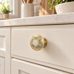 White & Gold Floral Ceramic Cabinet Knob with Brass Base