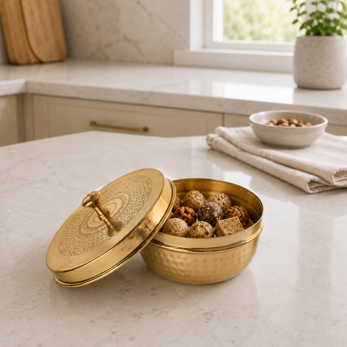 Solid Brass Dry Fruit Box with Engraved Lid