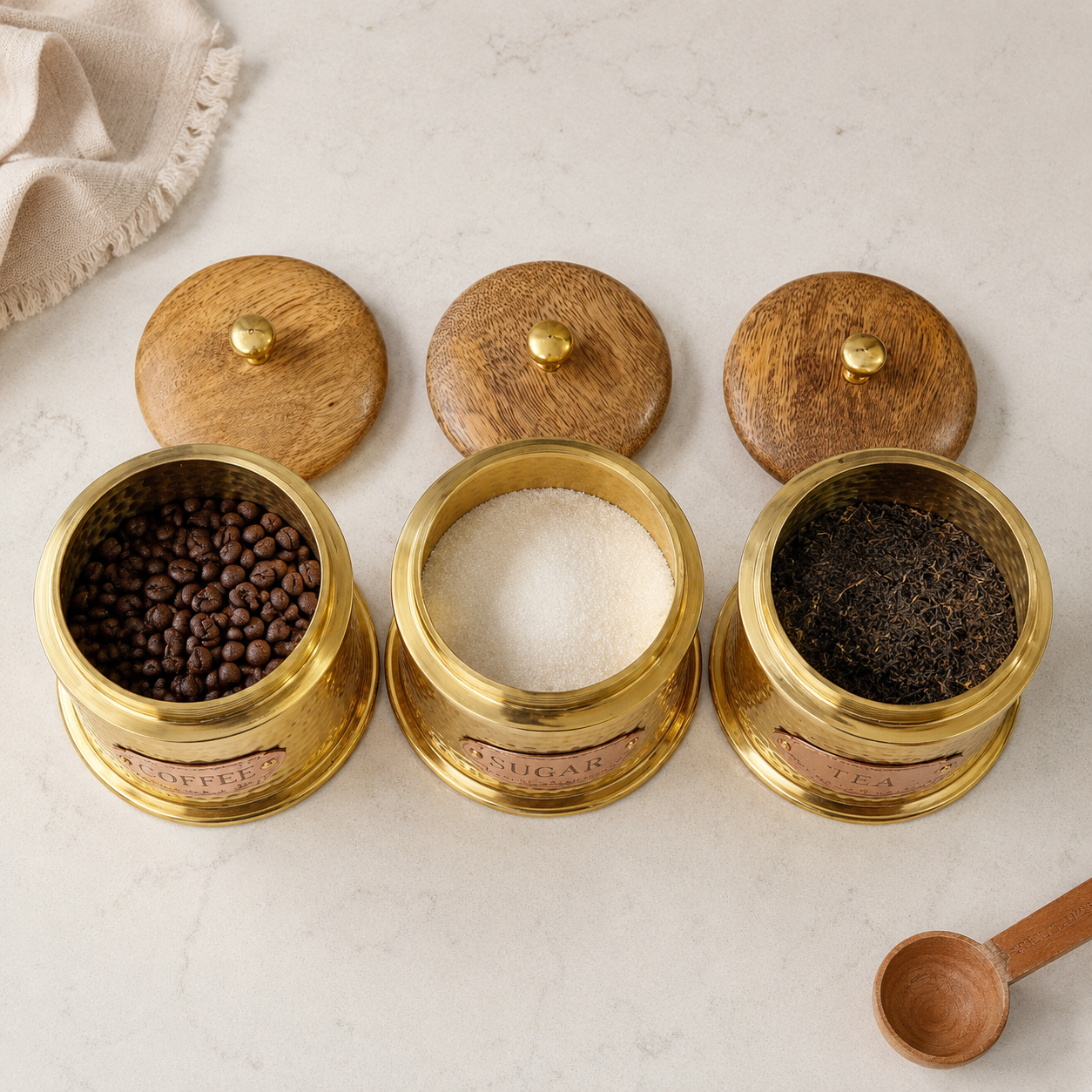 Brass Coffee Sugar Tea Canister Set of 3