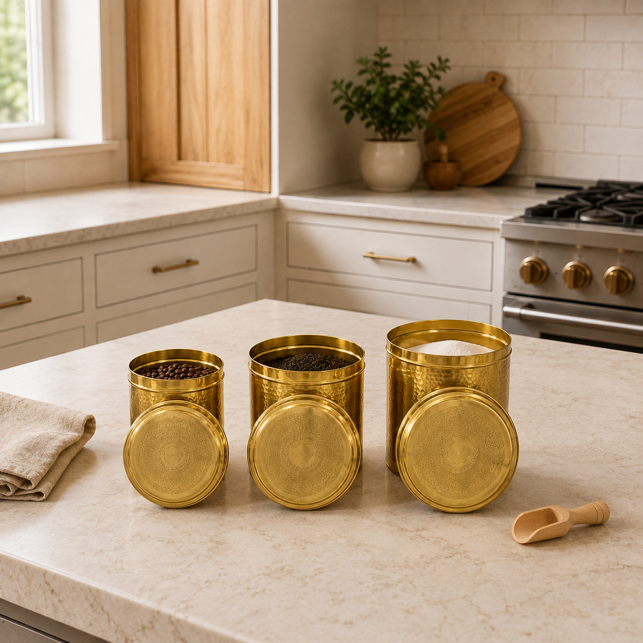 Brass Coffee Tea Sugar Canister Set – Set of 3