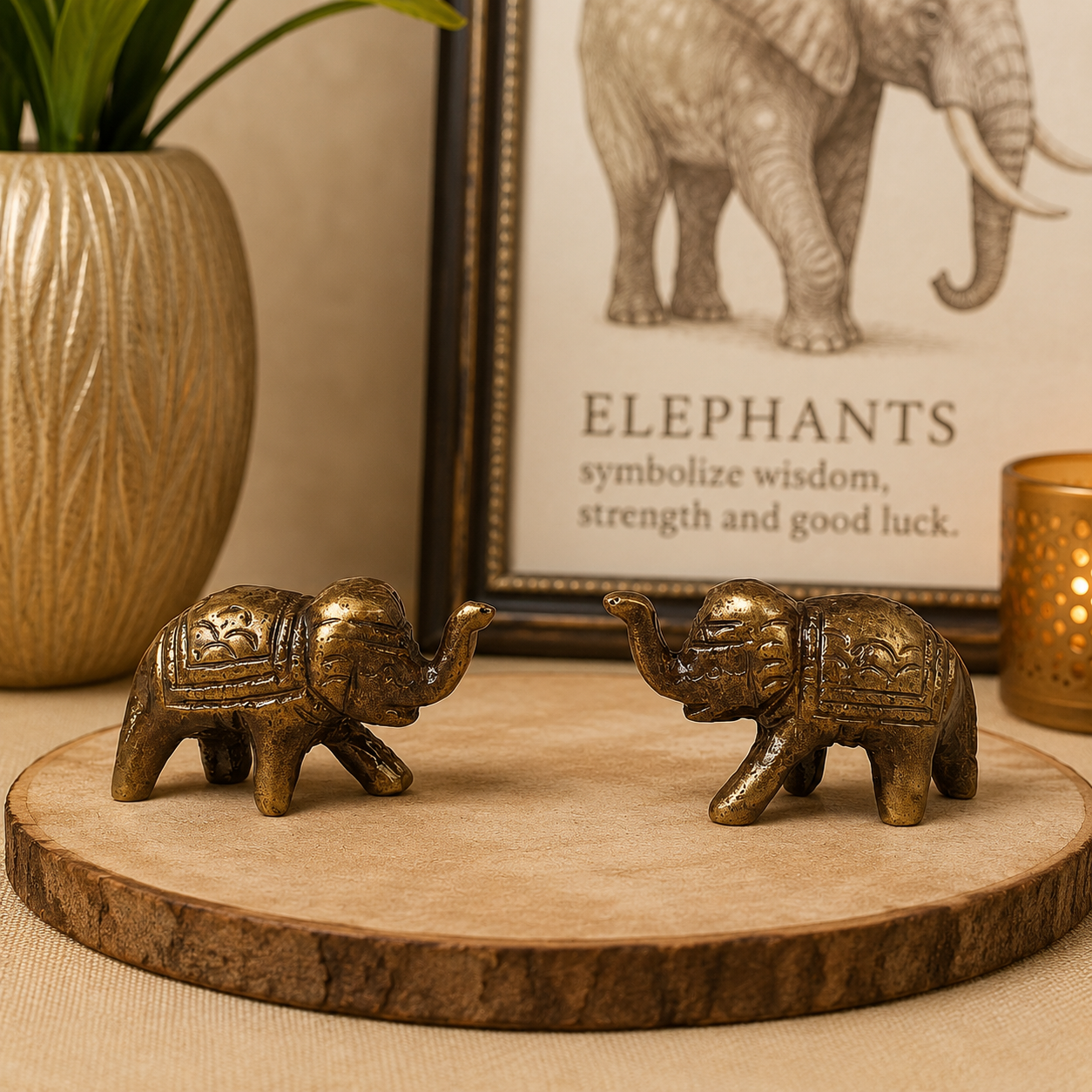 Set of 2 Mini Solid Brass Elephant Figurines