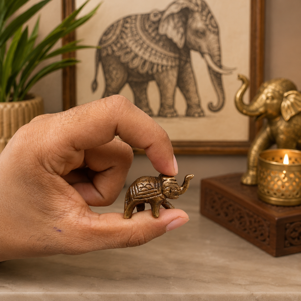 Set of 2 Mini Solid Brass Elephant Figurines