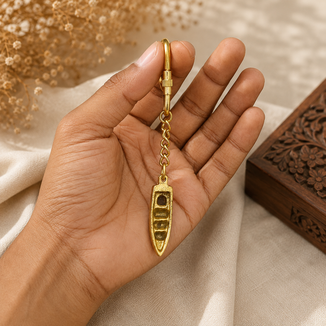 Handmade Solid Brass Boat Keychain with Carabiner Clip