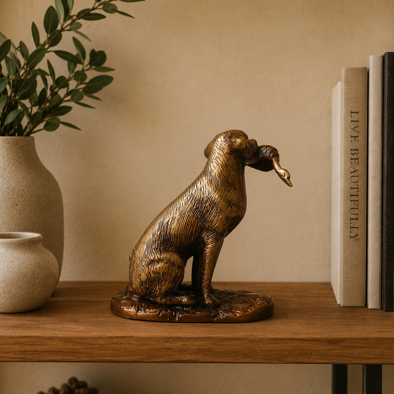 Dog Figurine Holding Duck Statue