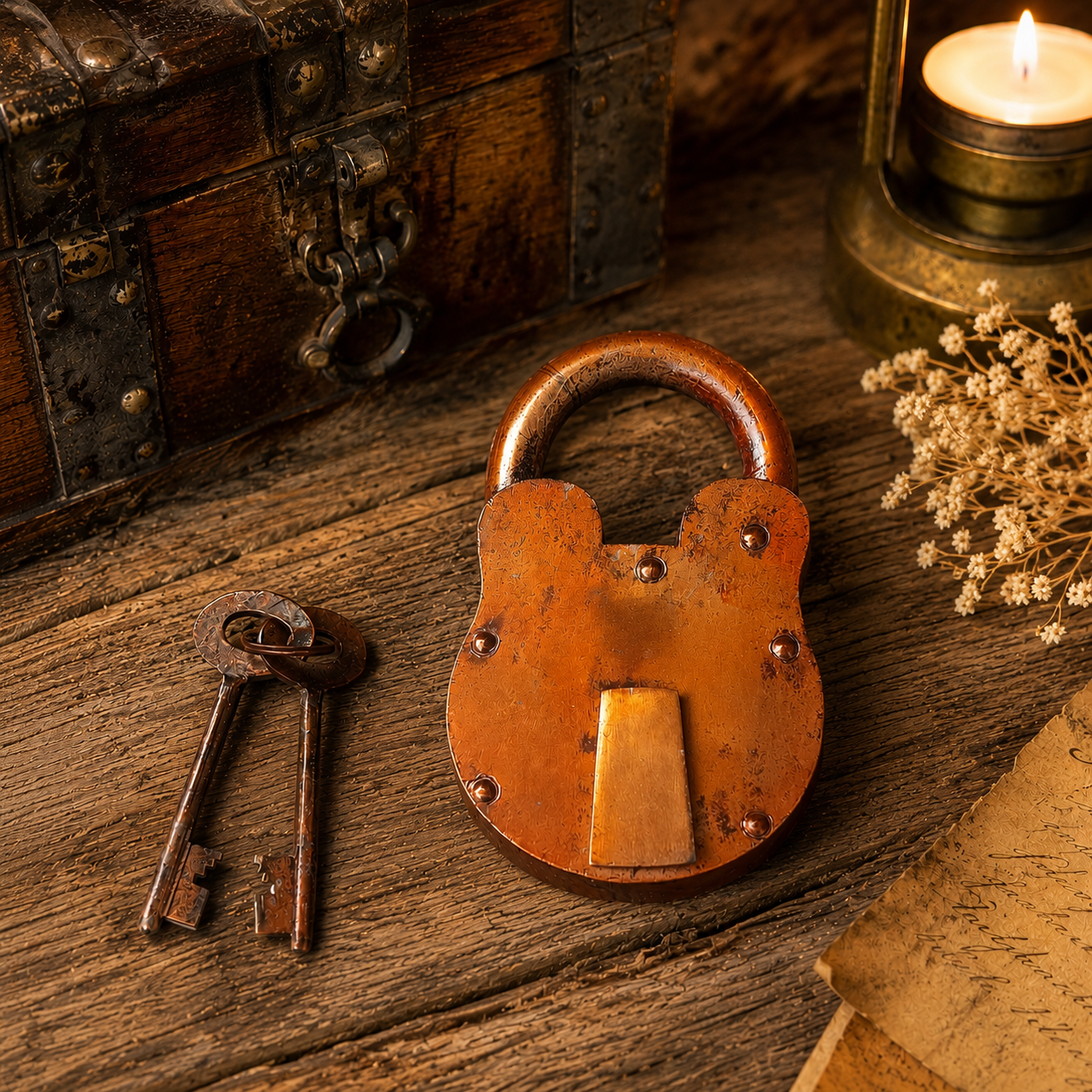 Vintage Copper Finish Iron Padlock with 2 Antique Keys