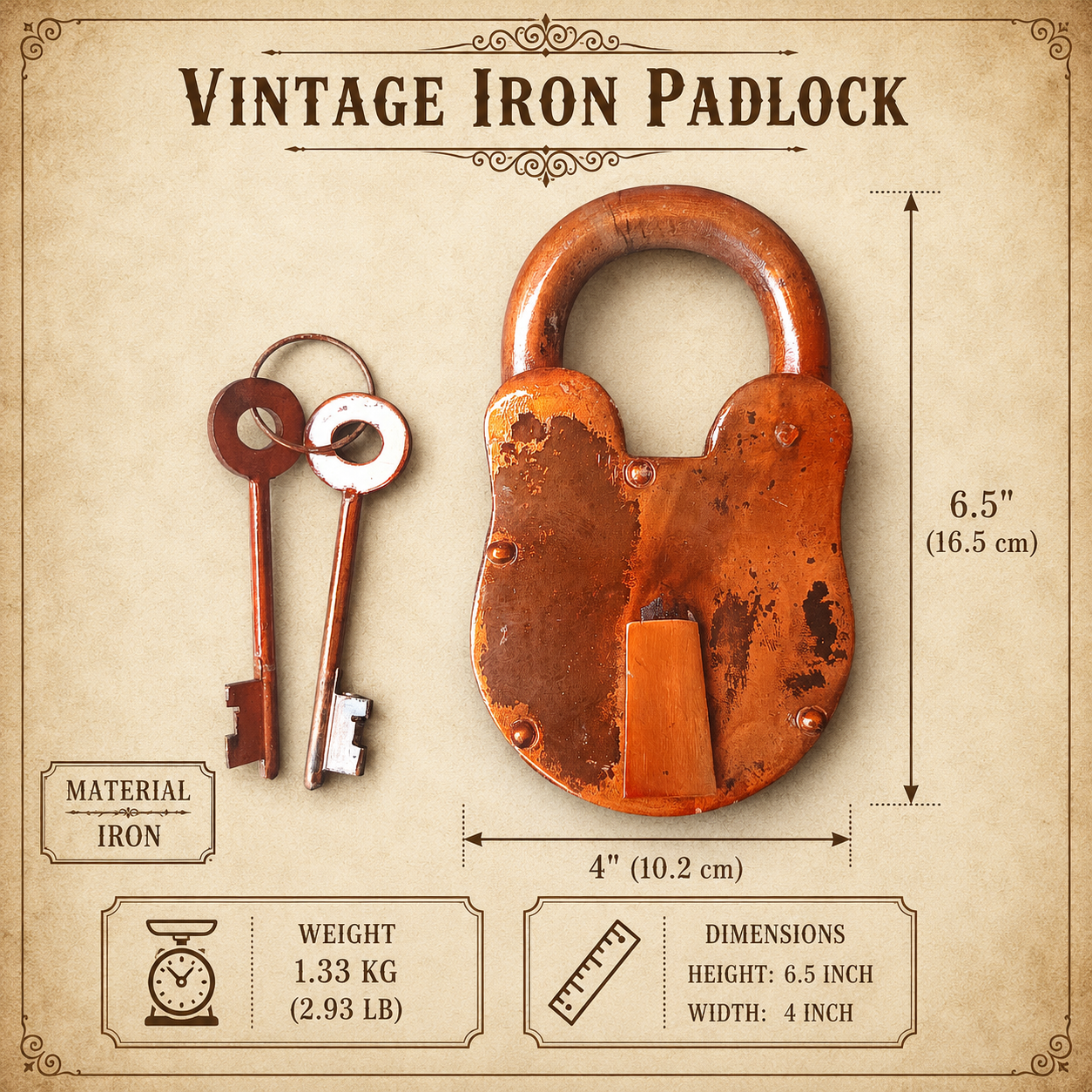 Vintage Iron Padlock with 2 Keys
