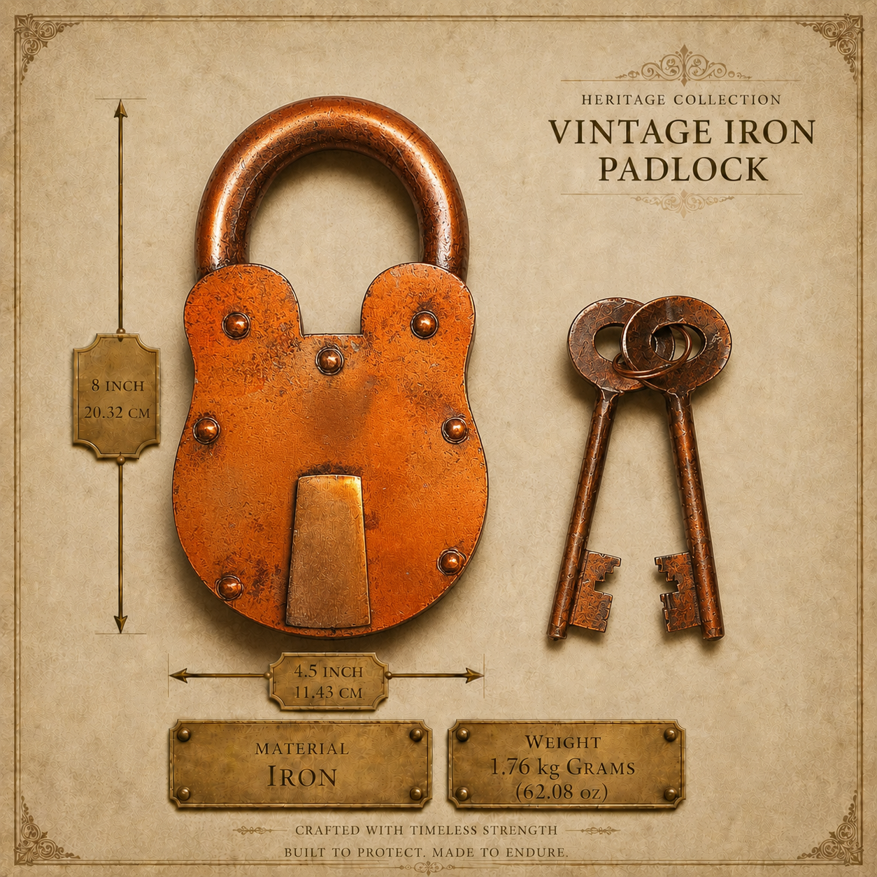 Vintage Copper Finish Iron Padlock with 2 Antique Keys