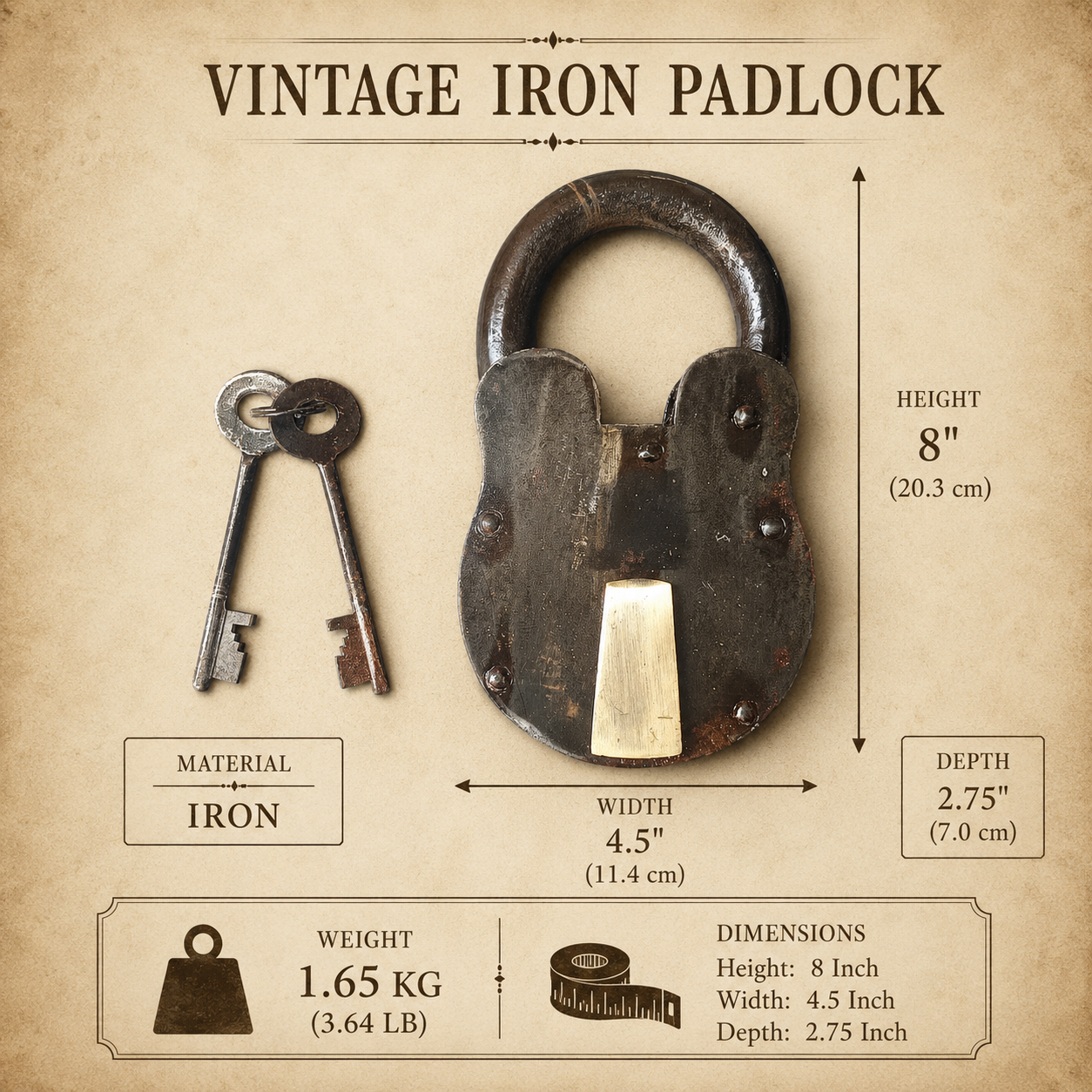 Vintage Iron Padlock with 2 Antique Keys