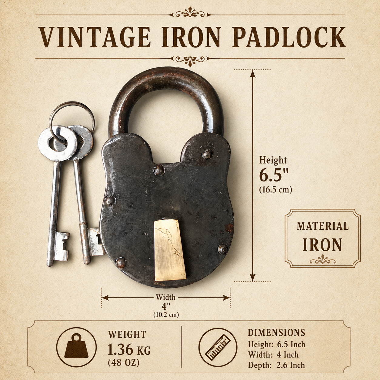Handcrafted Vintage Iron Padlock with 2 Keys