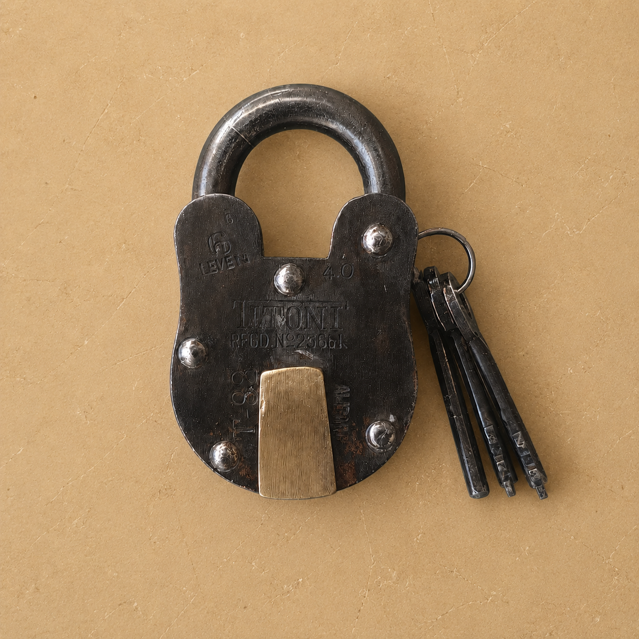 Vintage Black Iron Padlock with 3 Original Keys