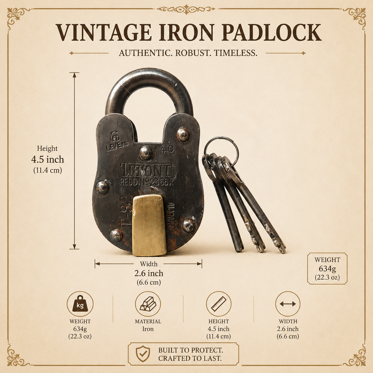 Vintage Black Iron Padlock with 3 Original Keys