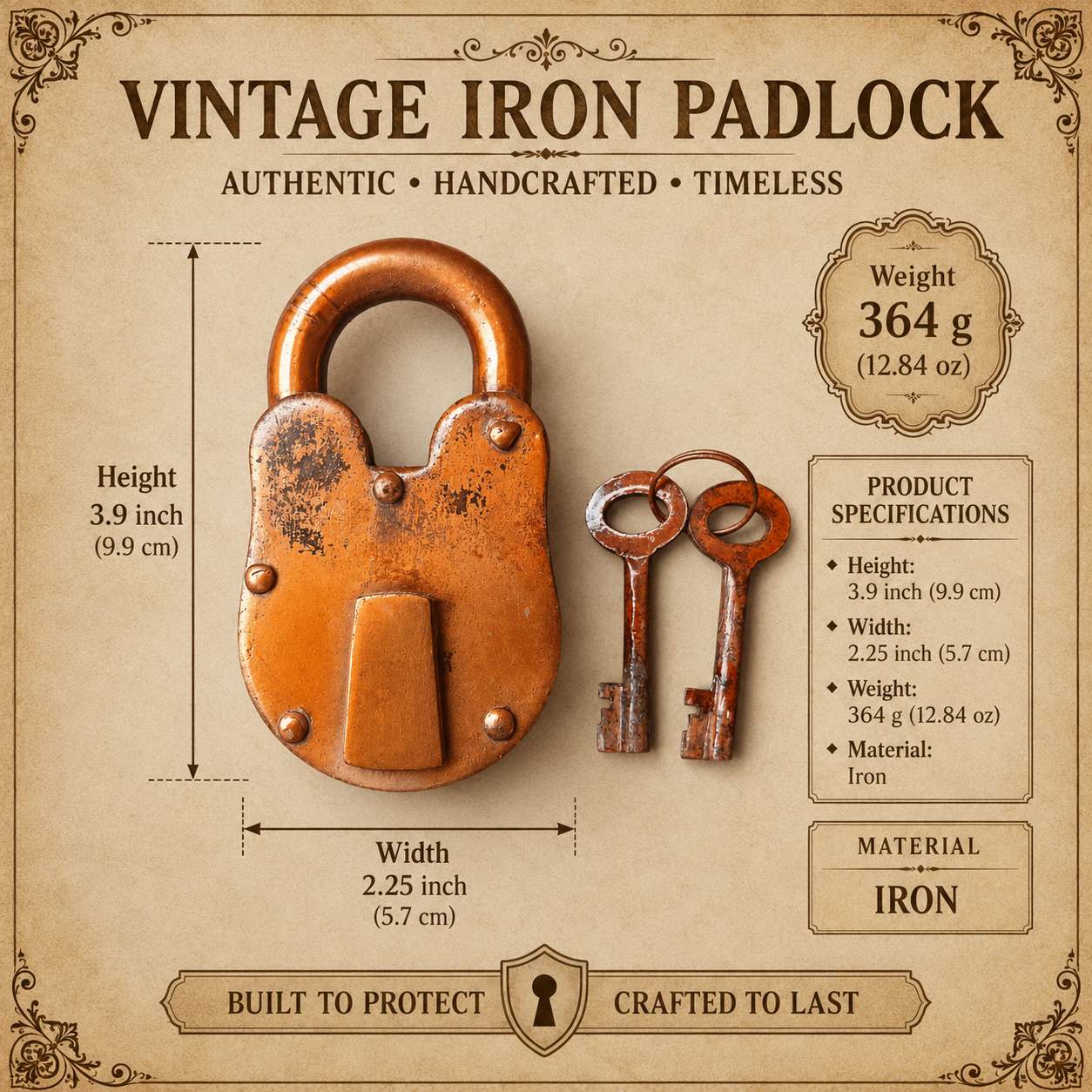 Vintage Iron Padlock with 2 Keys