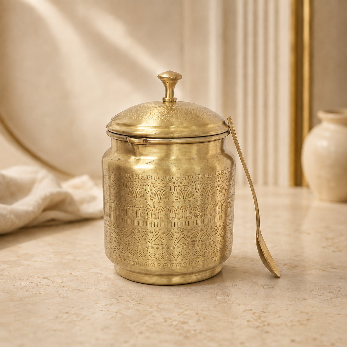 Handcrafted Brass Storage Jar with Lid & Spoon