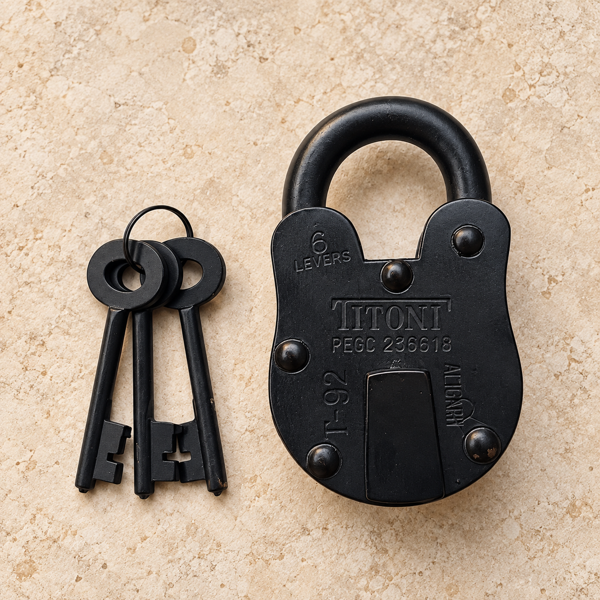 Vintage Black Iron Padlock with Keys