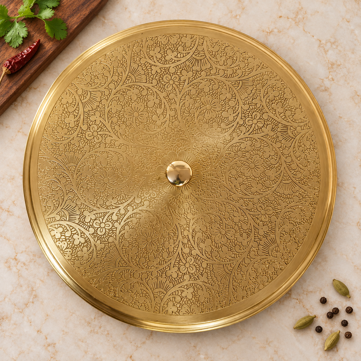 Handcrafted Brass Spice Box with Engraved Lid – 9 Inch