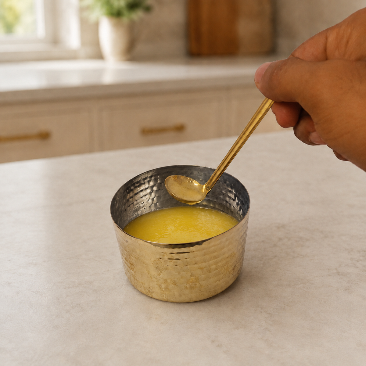 Handcrafted Brass Ghee Pot with Lid & Spoon