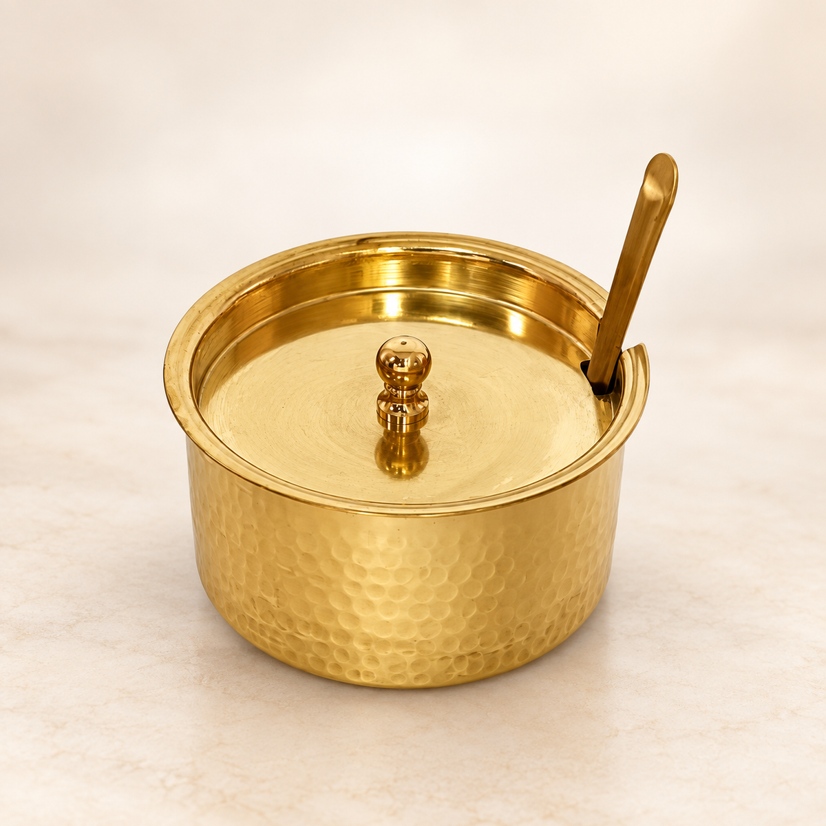 Handcrafted Hammered Brass Ghee Pot with Lid & Spoon