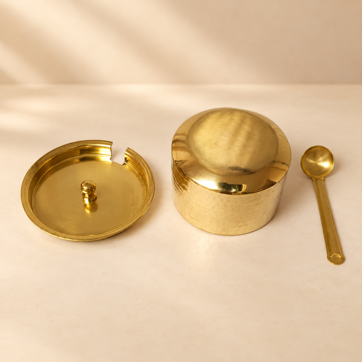 Handcrafted Hammered Brass Ghee Pot with Lid & Spoon