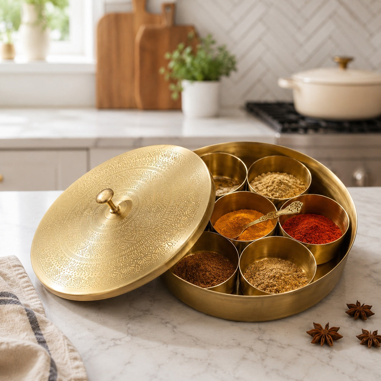Handcrafted Brass Spice Box (Masala Dabba) with 7 Containers & Spoon