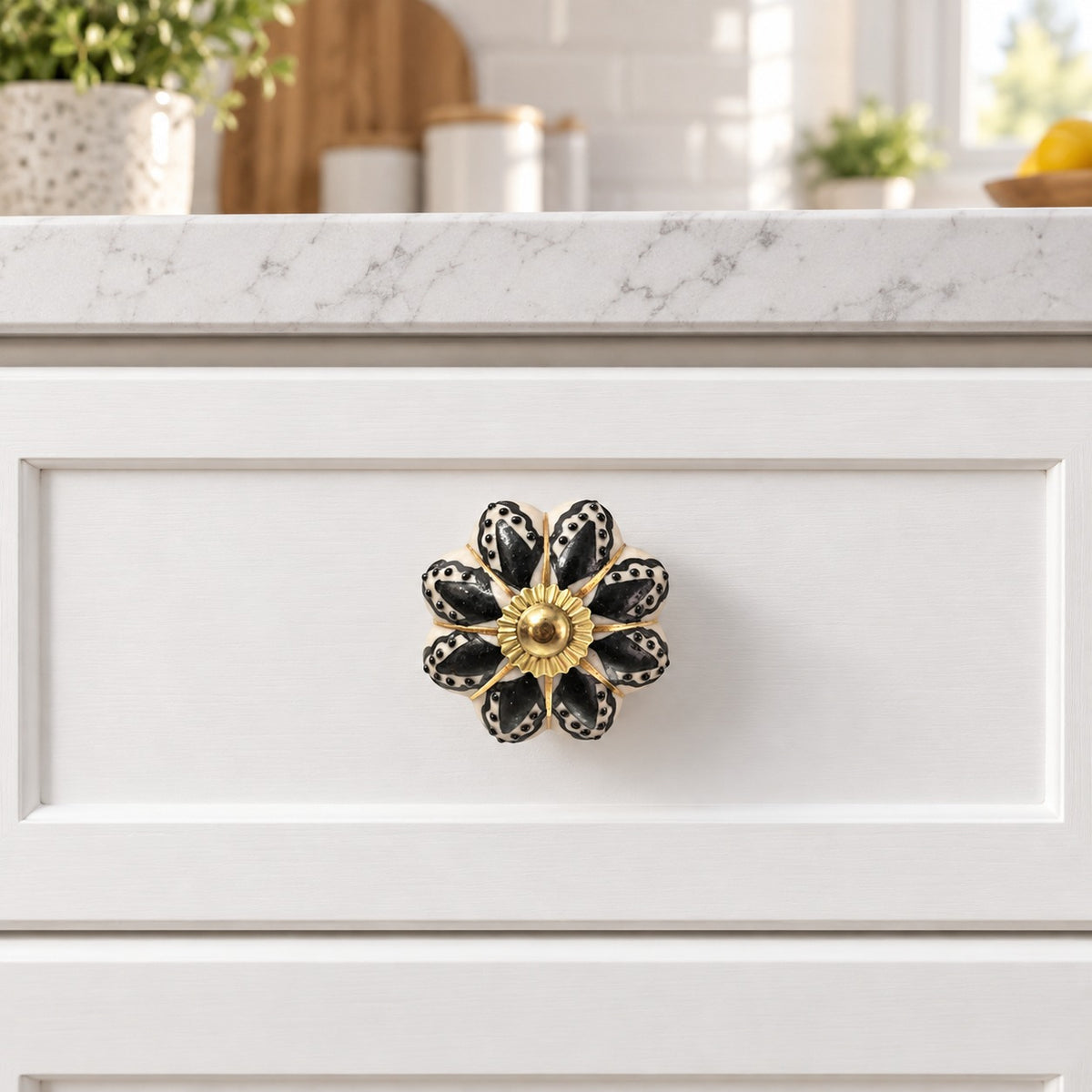 Black & Ivory Floral Ceramic Cabinet Knob with Gold Brass Base
