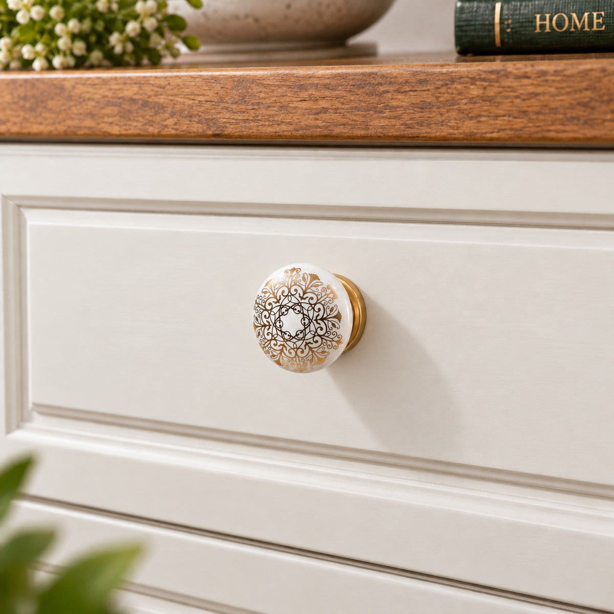 Ivory Ceramic Cabinet Knob with Gold & Brown Floral Design