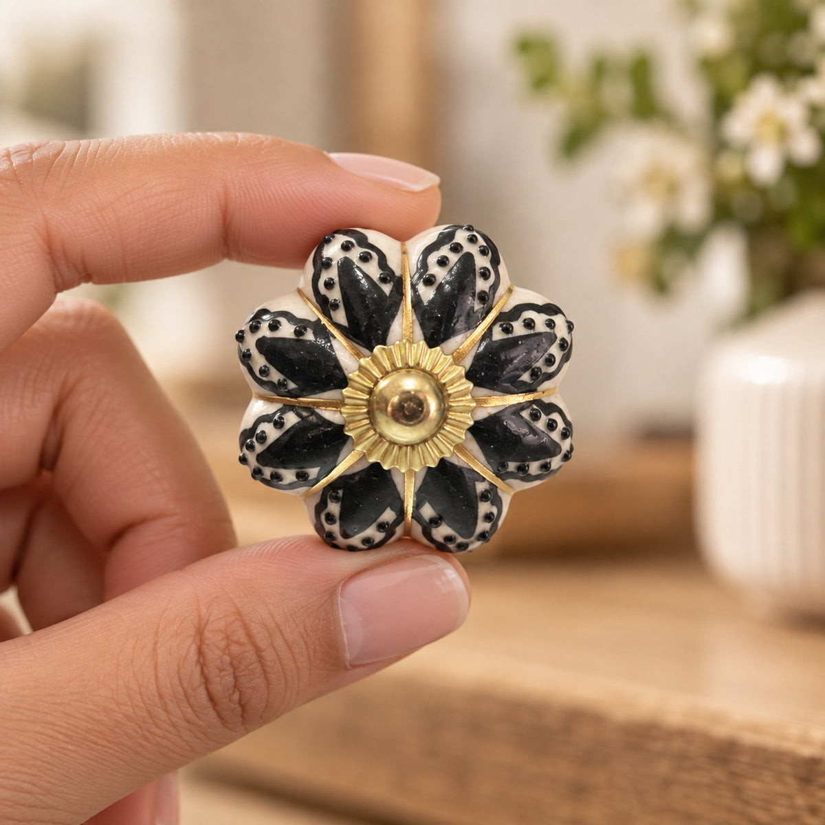 Black & Ivory Floral Ceramic Cabinet Knob with Gold Brass Base