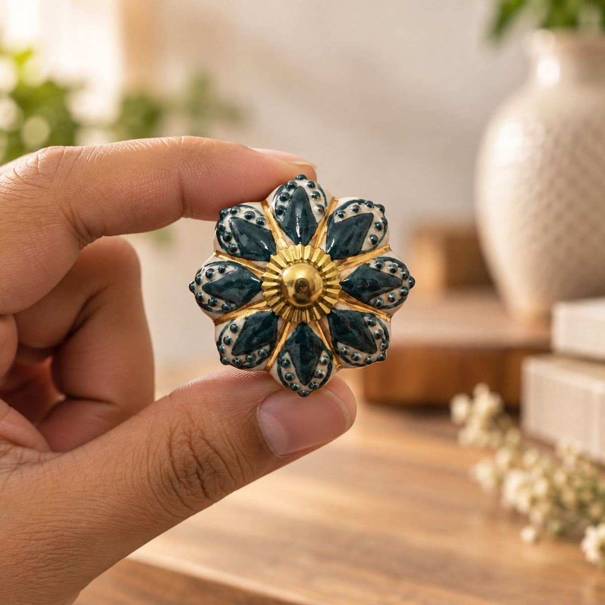 Ivory & Teal Floral Ceramic Cabinet Knob with Gold-Tone Base
