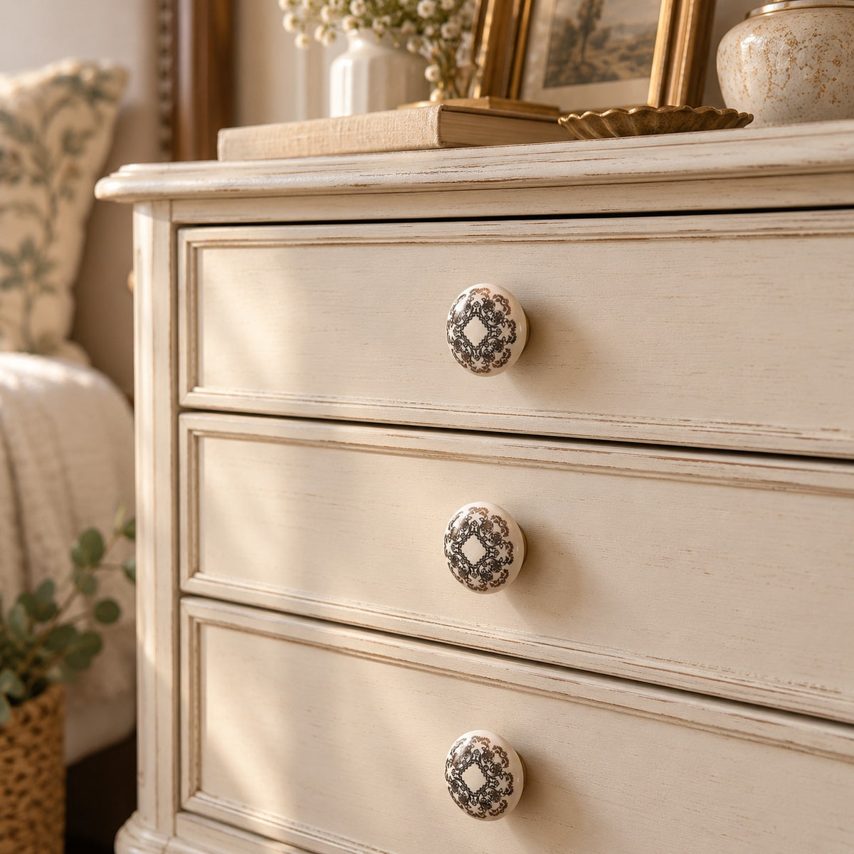 Ivory & Brown Floral Ceramic Cabinet Knob with Gold Brass Base