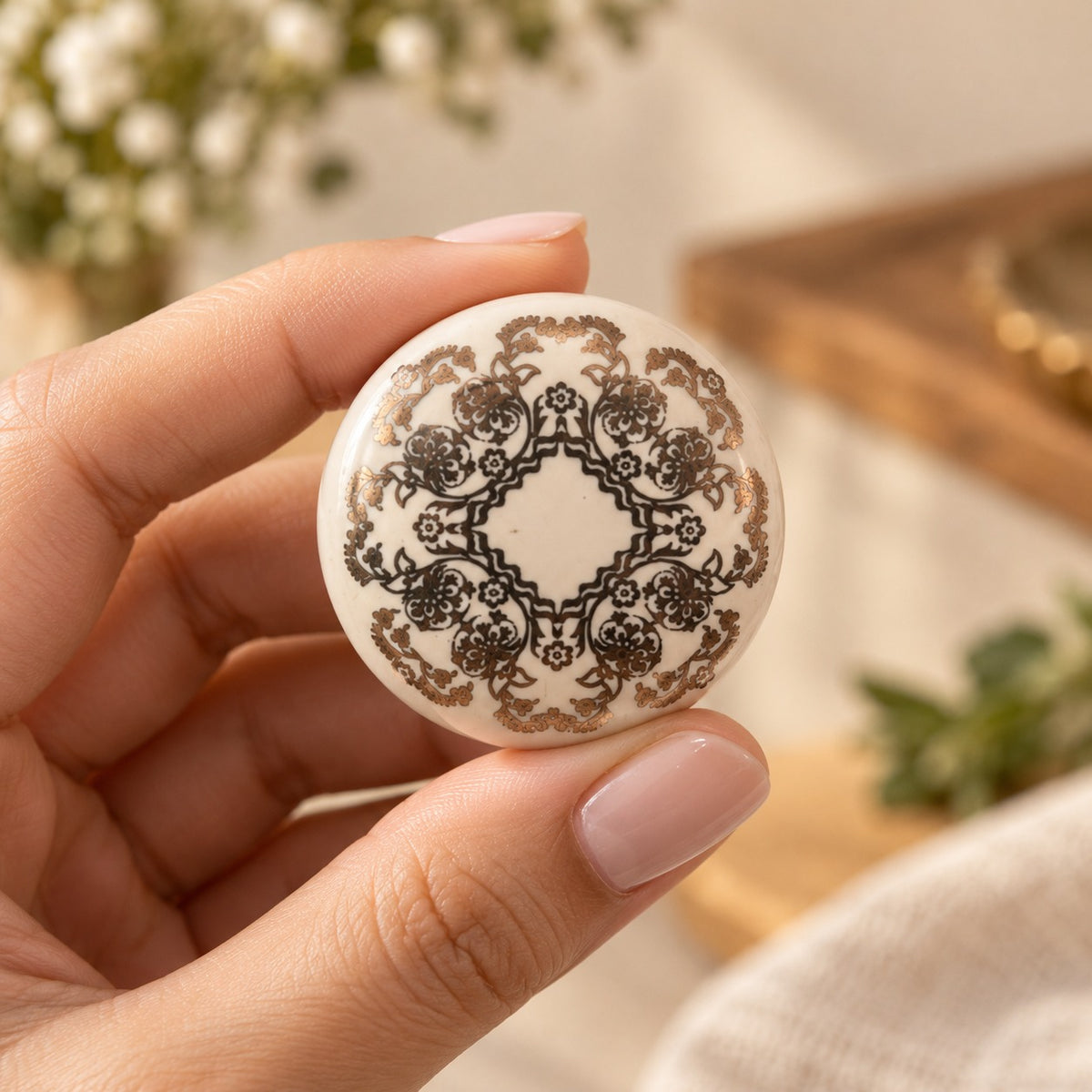 Ivory & Brown Floral Ceramic Cabinet Knob with Gold Brass Base