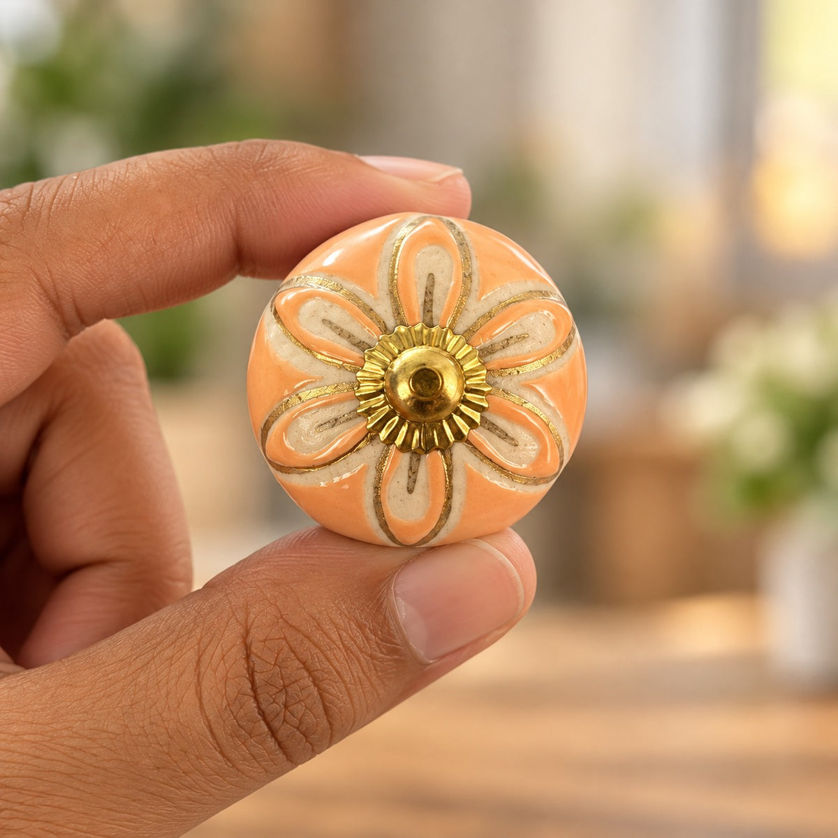 Peach Floral Ceramic Cabinet Knob with Gold Accent