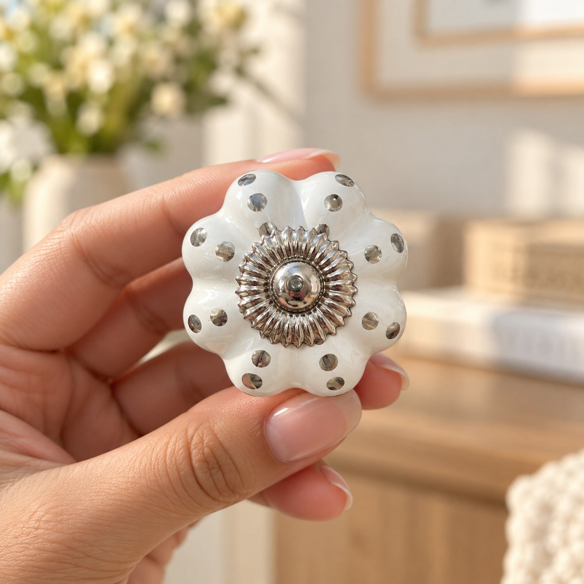 White Ceramic Flower Cabinet Knob with Metallic Accents