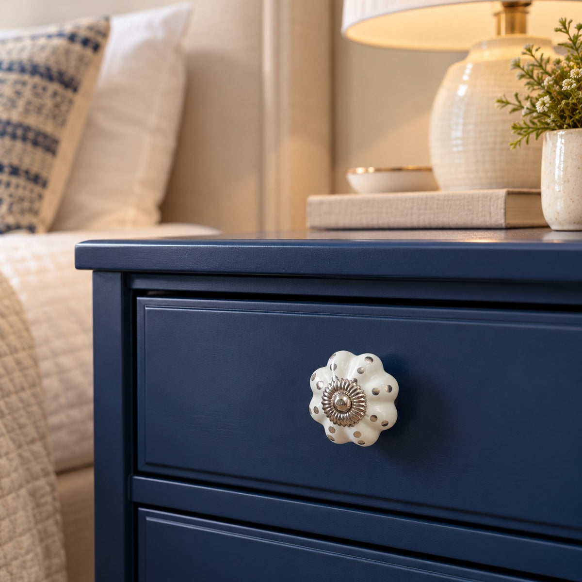 White Ceramic Flower Cabinet Knob with Metallic Accents