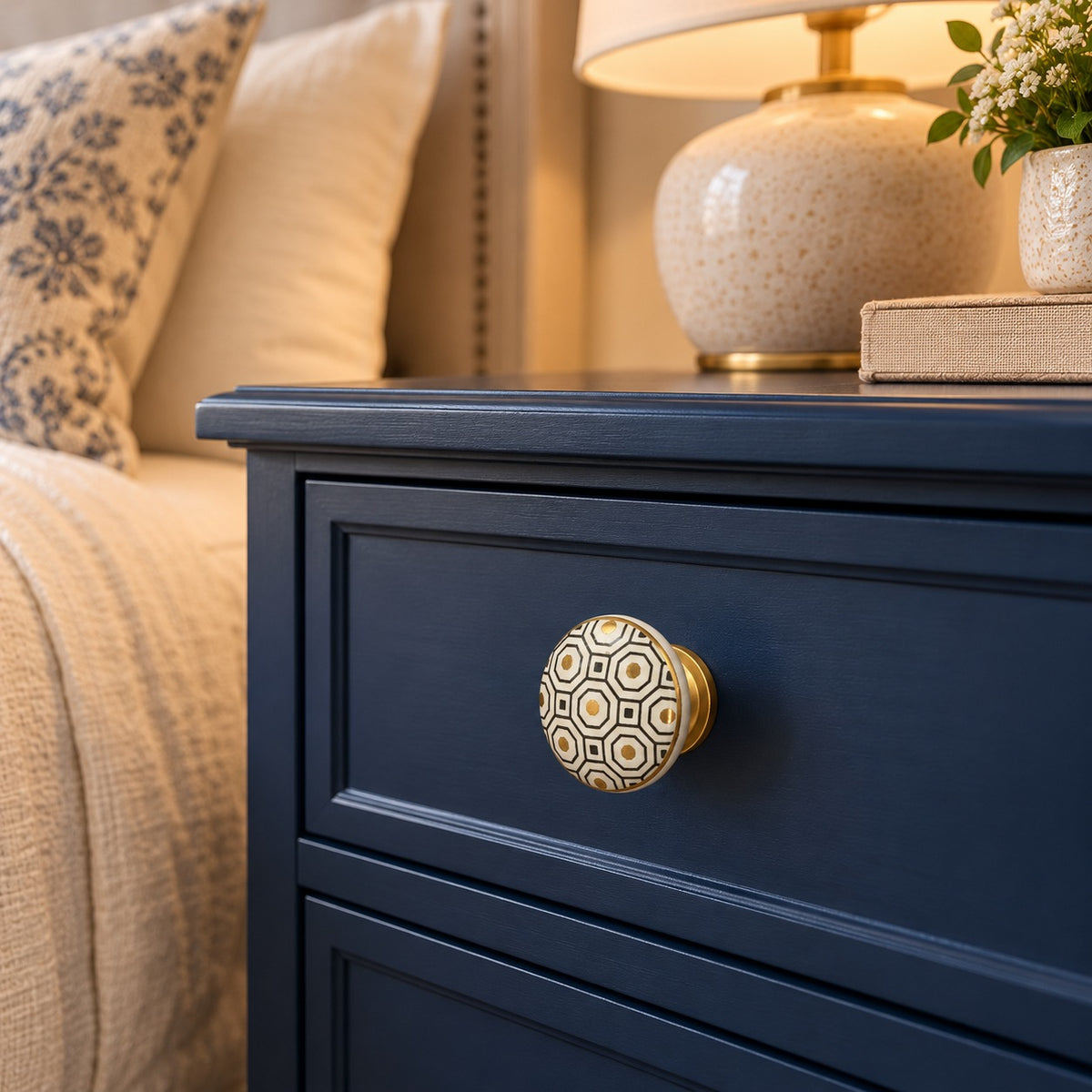 Geometric Ceramic Cabinet Knob with Gold Accent