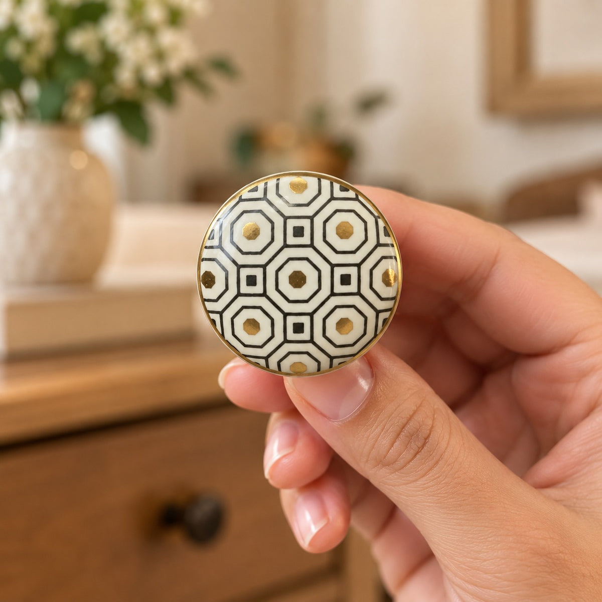 Geometric Ceramic Cabinet Knob with Gold Accent