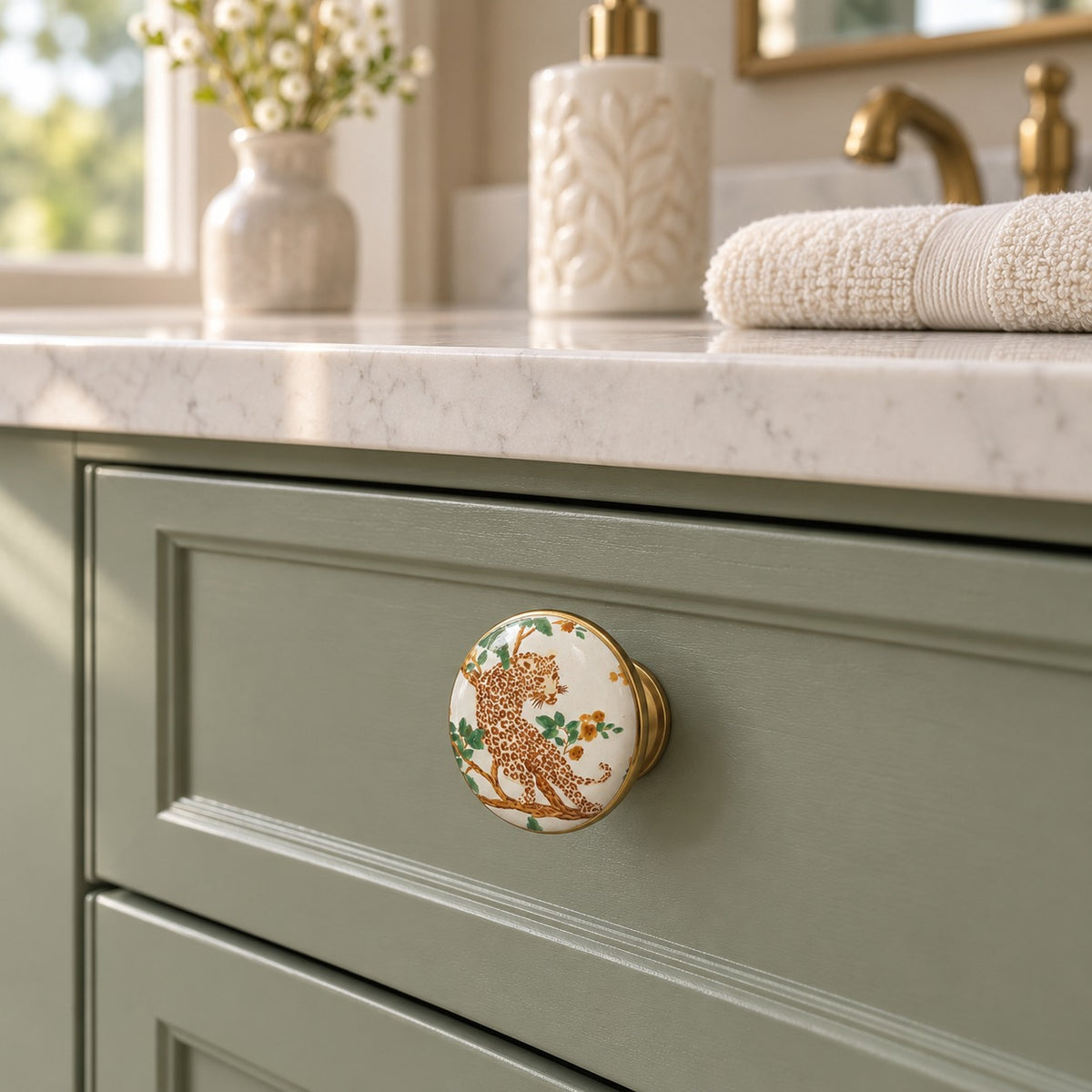 Handcrafted Ceramic Leopard Cabinet Knob with Gold-Tone Base
