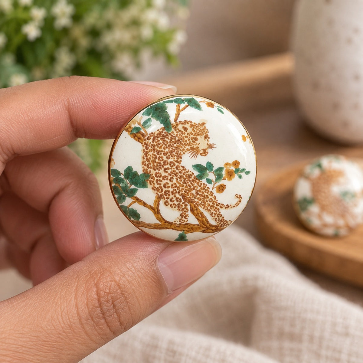 Handcrafted Ceramic Leopard Cabinet Knob with Gold-Tone Base
