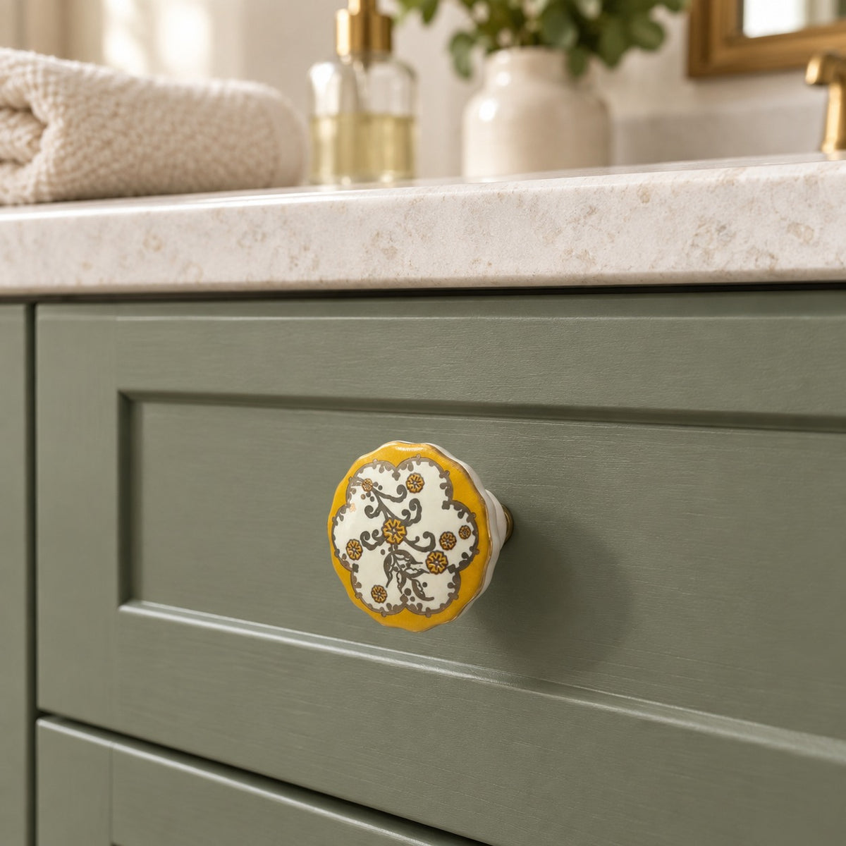 Yellow Floral Ceramic Cabinet Knob
