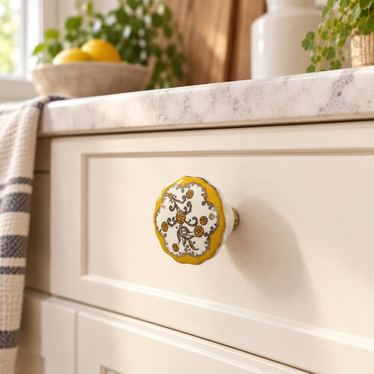 Yellow Floral Ceramic Cabinet Knob