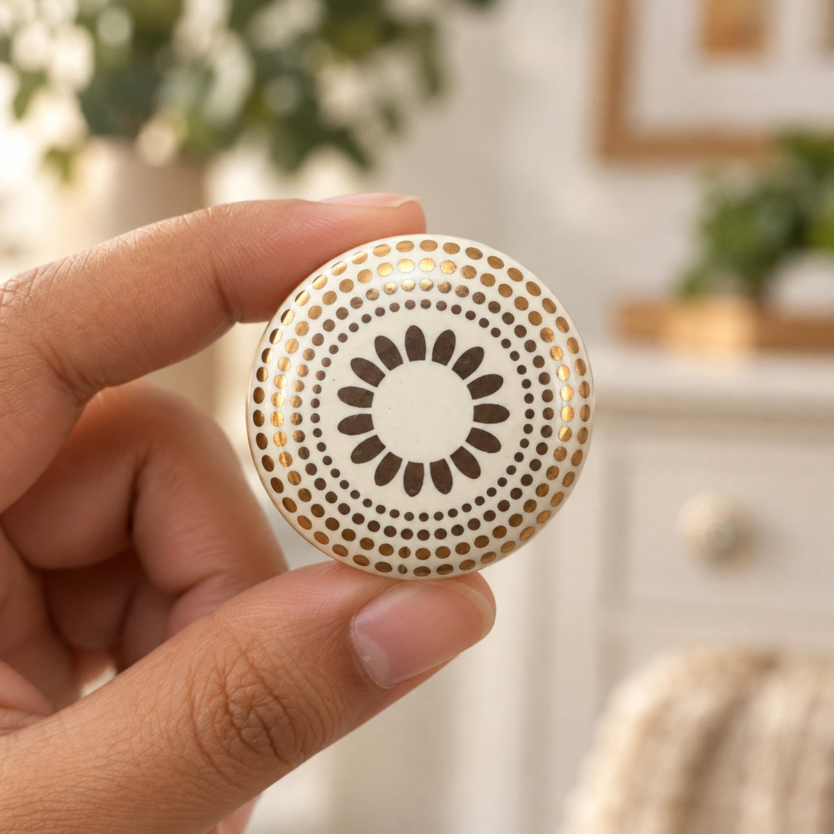 Ivory & Gold Ceramic Cabinet Knob with Brass Base