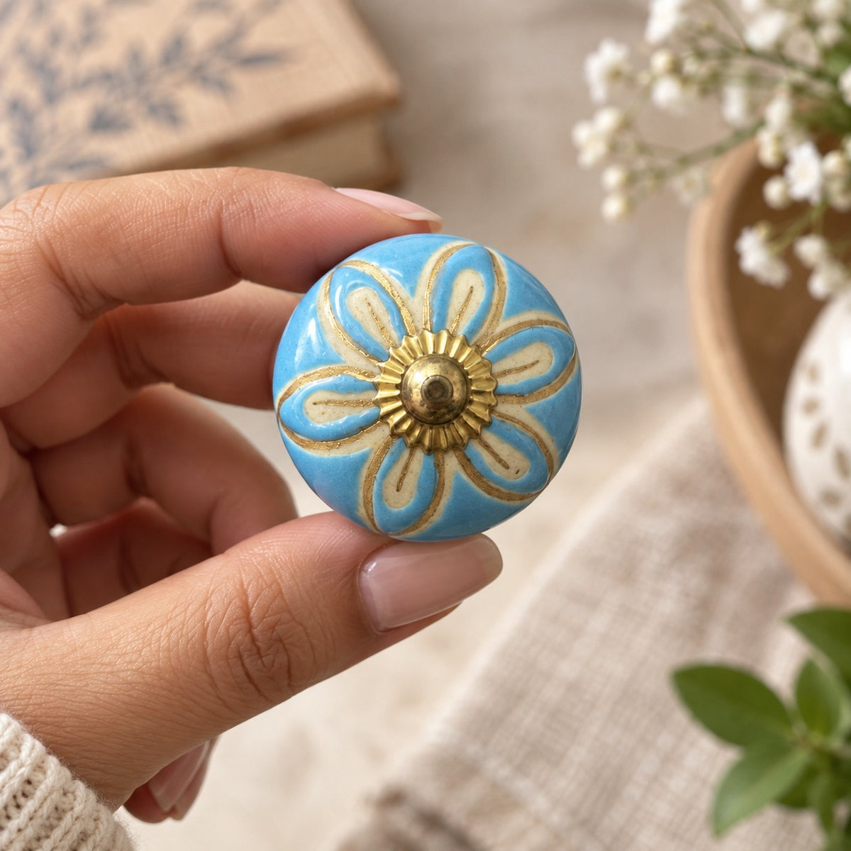 Sky Blue Floral Ceramic Cabinet Knob with Gold Accents