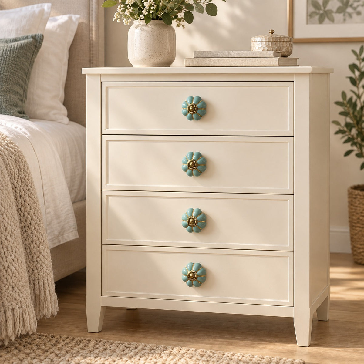 Turquoise Ceramic Flower Cabinet Knob with Gold Accents