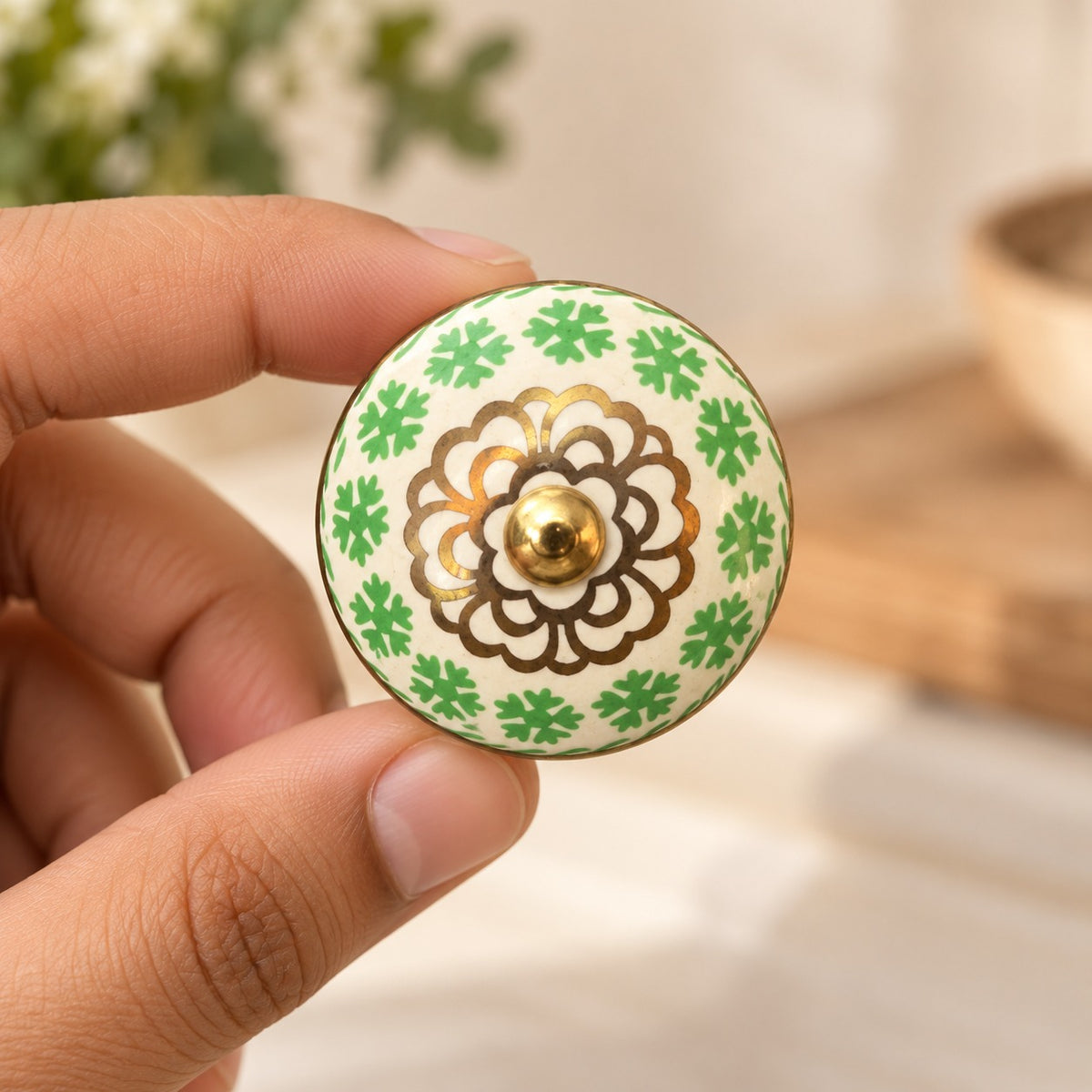 Ivory & Green Floral Ceramic Cabinet Knob with Brass Base