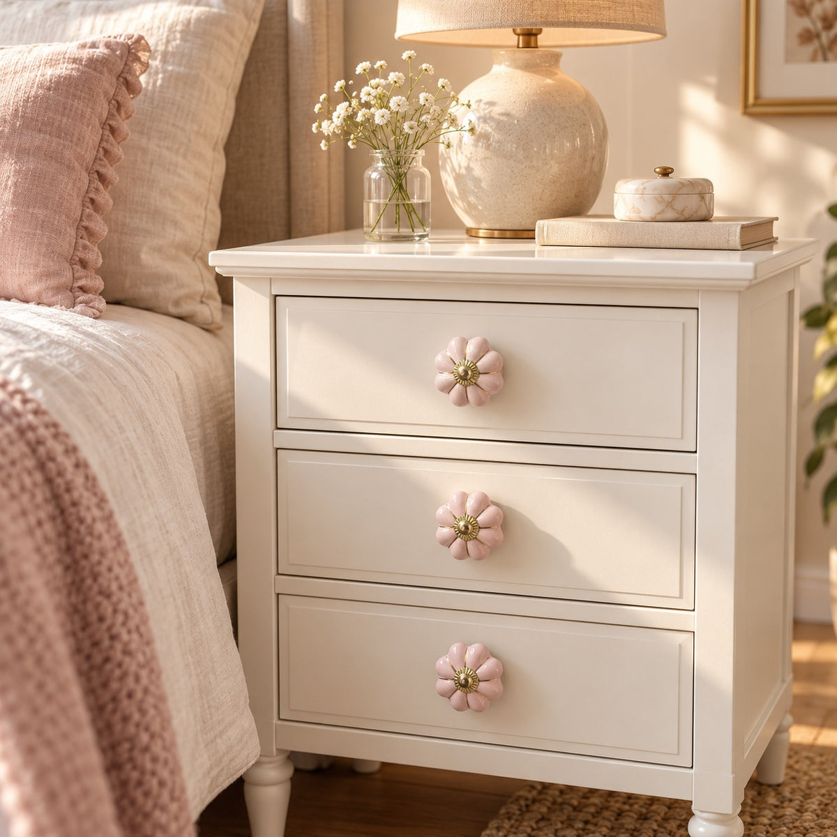Blush Pink Ceramic Flower Cabinet Knob with Gold Brass Base
